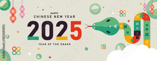 happy chinese new year 2025, Chinese new year, year of the snake, Chinese zodiac snake in geometric flat modern style