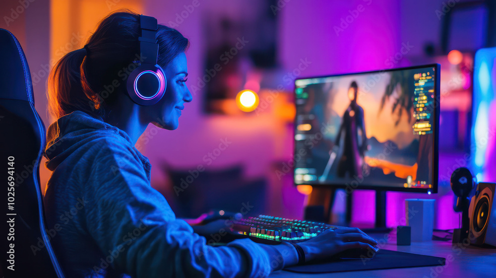 Popular gaming streamer in a vibrant setup with RGB lighting, engaging with their audience through live chat while playing a trending game Popular gaming streamer in a vibrant setup with RGB lighting, engaging with their audience through live chat while playing a trending game