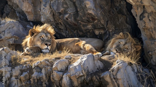 A male lion rests on a rocky outcrop and pants