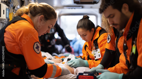 Mass casualty response team of EMTs treating multiple patients on-site, using color-coded tags to prioritize care and ensure efficient treatment