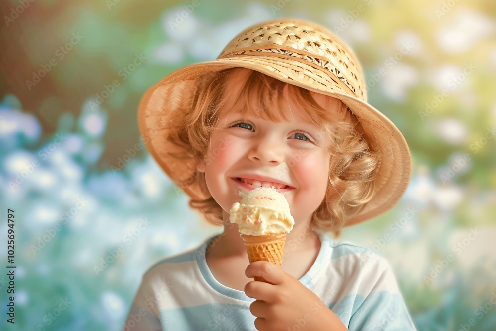 Cute happy little boy eating ice cream in a cone Cute happy little boy eating ice cream in a cone