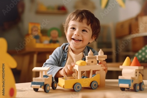 Cute little kid playing with wooden toys photo