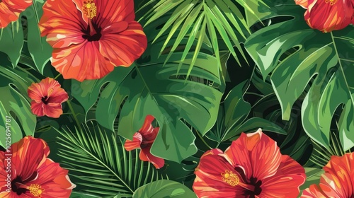 Wallpaper Mural Lush Tropical Foliage with Vibrant Red Hibiscus Flowers Torontodigital.ca