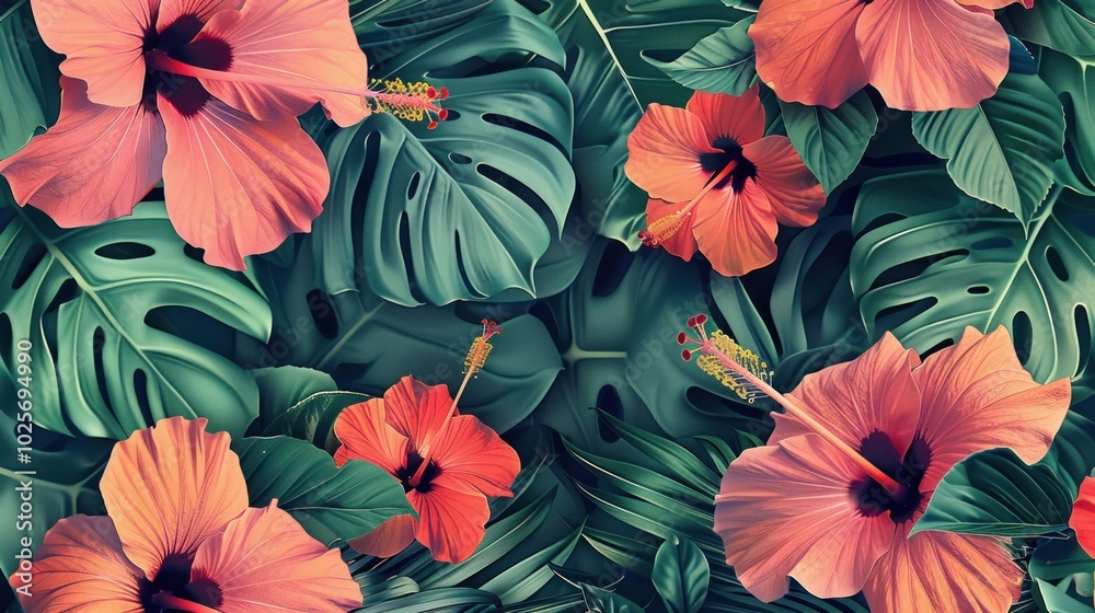 Lush Tropical Foliage with Vibrant Pink Hibiscus Flowers Lush Tropical Foliage with Vibrant Pink Hibiscus Flowers