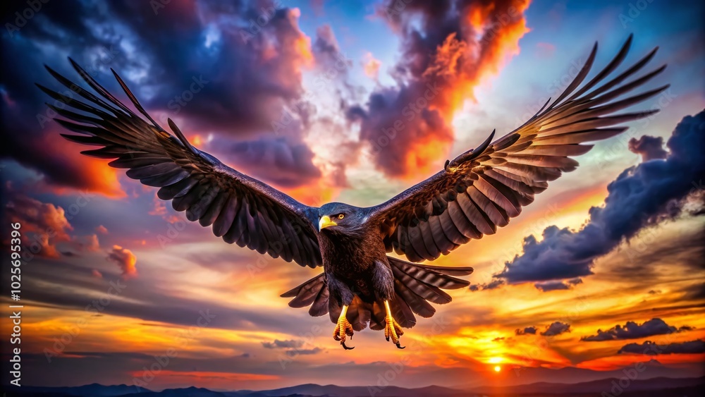Obraz premium Majestic Black Bird of Prey Soaring in the Sky with Powerful Wings and Intense Gaze, Nature's Ultimate Predator