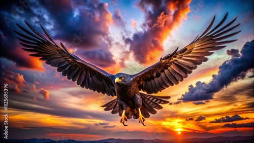 Majestic Black Bird of Prey Soaring in the Sky with Powerful Wings and Intense Gaze, Nature's Ultimate Predator photo