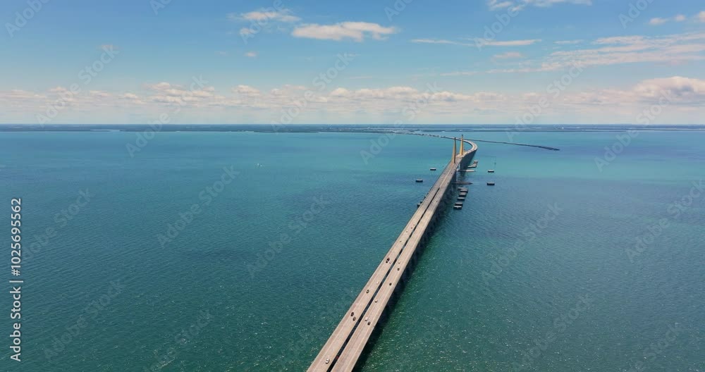 Sunshine Skyway Bridge over Tampa Bay in St Petersburg in Florida with driving traffic cars. Transportation infrastructure in USA Sunshine Skyway Bridge over Tampa Bay in St Petersburg in Florida with driving traffic cars. Transportation infrastructure in USA