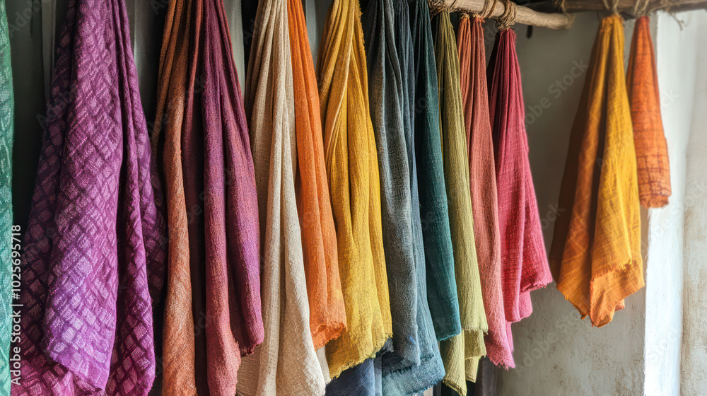 Hand-dyed textiles hanging in an artisan's workshop, displaying vibrant colors and natural fibers woven using traditional techniques Hand-dyed textiles hanging in an artisan's workshop, displaying vibrant colors and natural fibers woven using traditional techniques