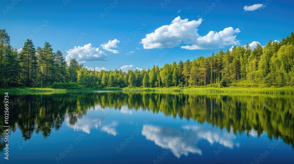 Fototapeta premium A serene lake mirrors the vibrant green trees and clear blue sky, with fluffy clouds above, creating a tranquil scene of natural harmony