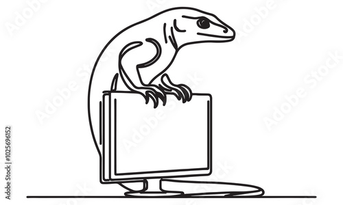 A lizard curiously perched on the monitor of a computer in a minimalist workspace setting