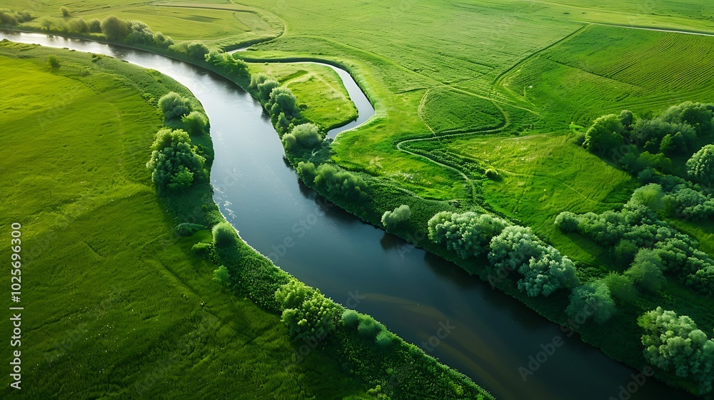 Aerial landscape of winding river in green field top view of beautiful nature background from drone seasonal summer landscape Aerial landscape of winding river in green field top view of beautiful nature background from drone seasonal summer landscape