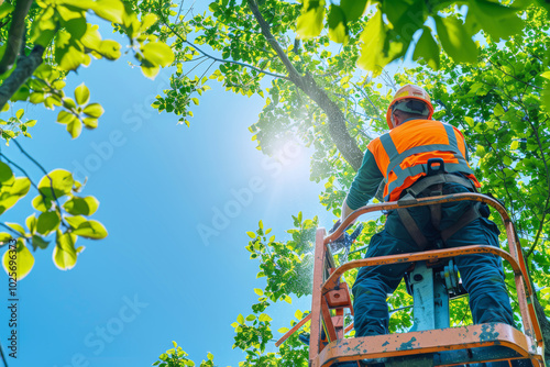Tree trimmer in a bucket lift trimming branches on a sunny day