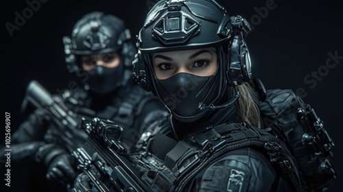 Elite Female Bodyguard in Tactical Gear Protecting High-Profile Client with Focus and Ready Stance