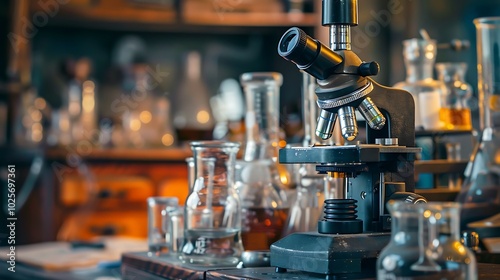 Antique laboratory microscope and glassware with selective focus science and medical research concept