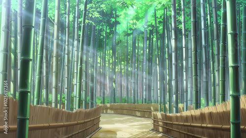 A serene anime-style depiction of the Arashiyama Bamboo Forest