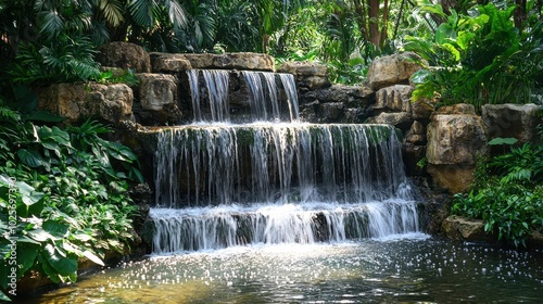 Serene tropical waterfall cascading through lush greenery creating a tranquil and picturesque natural scene.