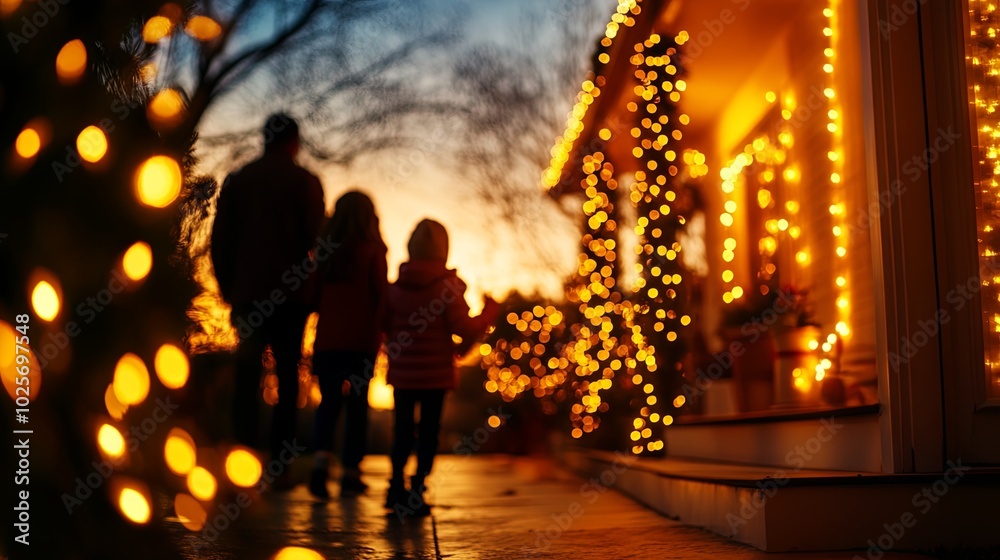Fototapeta premium Family stroll through a beautifully lit holiday neighborhood