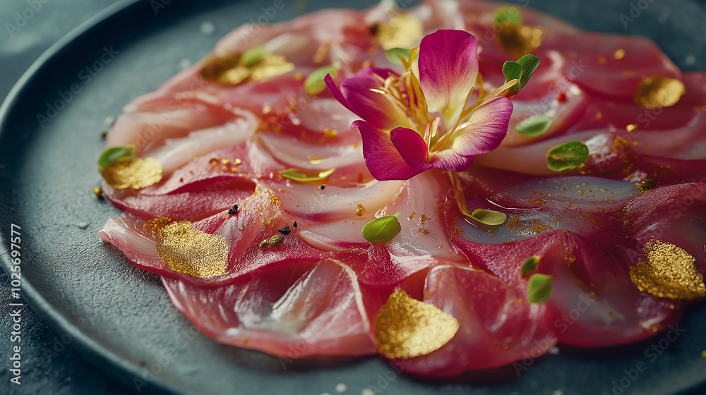 Smoked swordfish carpaccio with thin slices arranged like a blooming flower, topped with edible gold leaf Smoked swordfish carpaccio with thin slices arranged like a blooming flower, topped with edible gold leaf