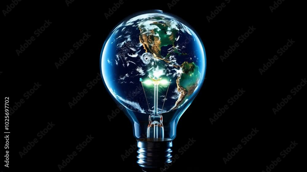 4K animation of Earth inside a lightbulb against a black background. Creative concept symbolizes global energy, innovation, and environmental sustainability, merging technology and eco-friendliness. 4K animation of Earth inside a lightbulb against a black background. Creative concept symbolizes global energy, innovation, and environmental sustainability, merging technology and eco-friendliness.