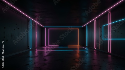 Abstract Neon Light Shapes Floating in a Dark Room with Futuristic Atmosphere