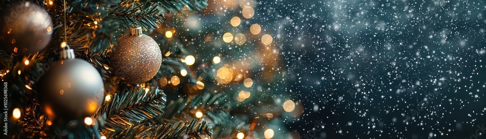 Christmas tree decorated with ornaments and lights, set against a sparkling snow background, creating a festive holiday atmosphere. Christmas tree decorated with ornaments and lights, set against a sparkling snow background, creating a festive holiday atmosphere.
