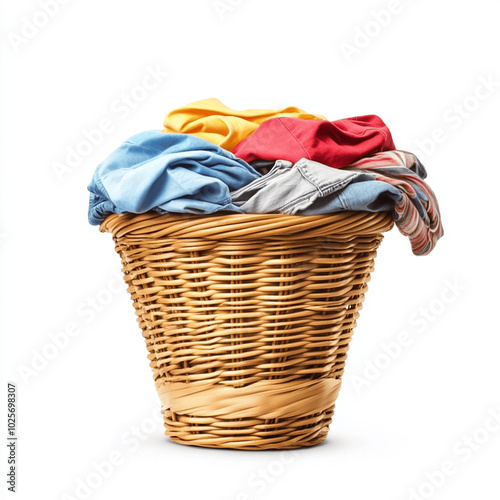 Laundry basket clean clothes cleaning chores housework, clean clothes and Wicker basket with clean laundry isolated on white background