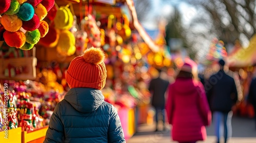 Child exploring vibrant market stalls in winter