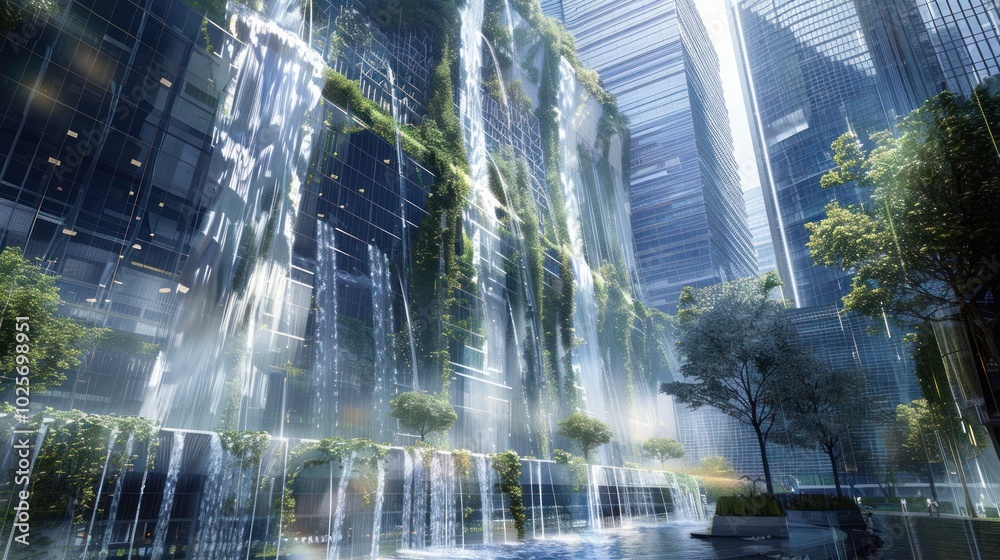 custom made wallpaper toronto digitalUrban Waterfall Cascading Down Glass Facade of Modern Building