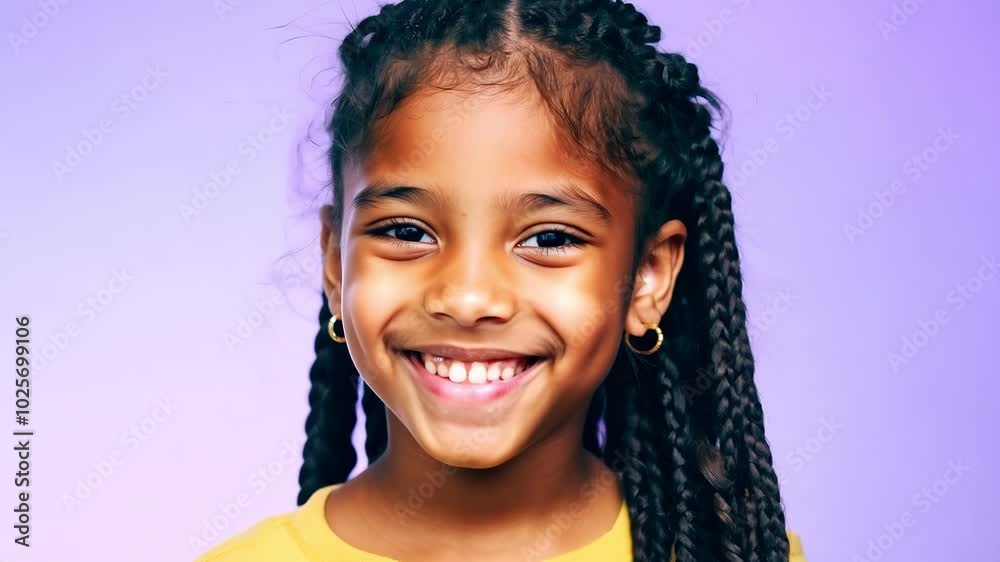 Smiling girl with braided hair against purple background Smiling girl with braided hair against purple background