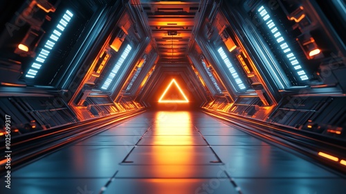 Futuristic digital artwork with neon geometric shapes, glowing lines, and a sleek, high-tech aesthetic