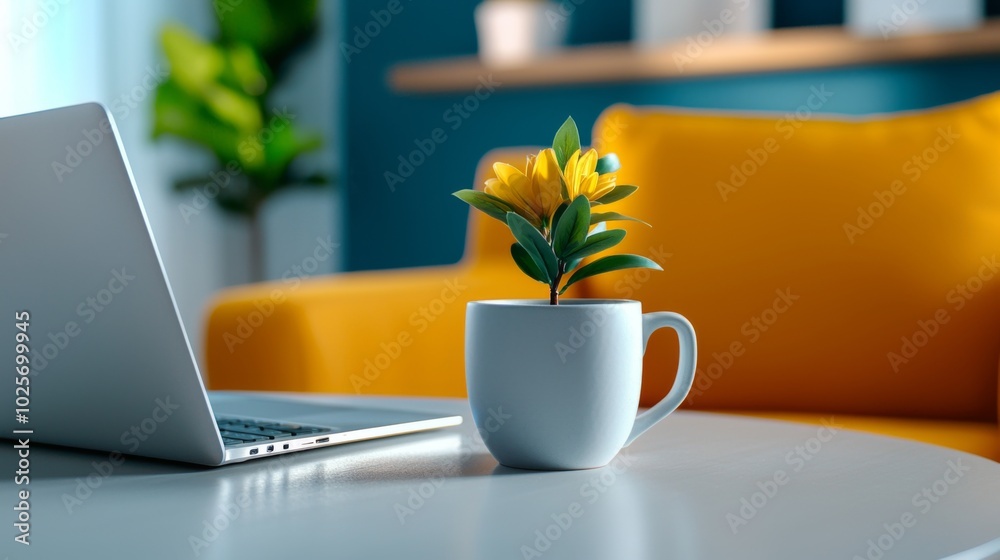 Cozy Workspace with Laptop and Flowering Plant Cozy Workspace with Laptop and Flowering Plant