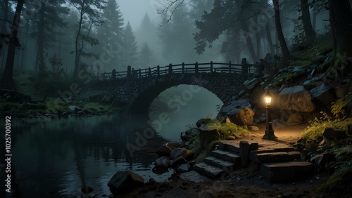 Misty Troll Bridge Over a Haunted River – Eerie Forest Setting with Glowing Lights