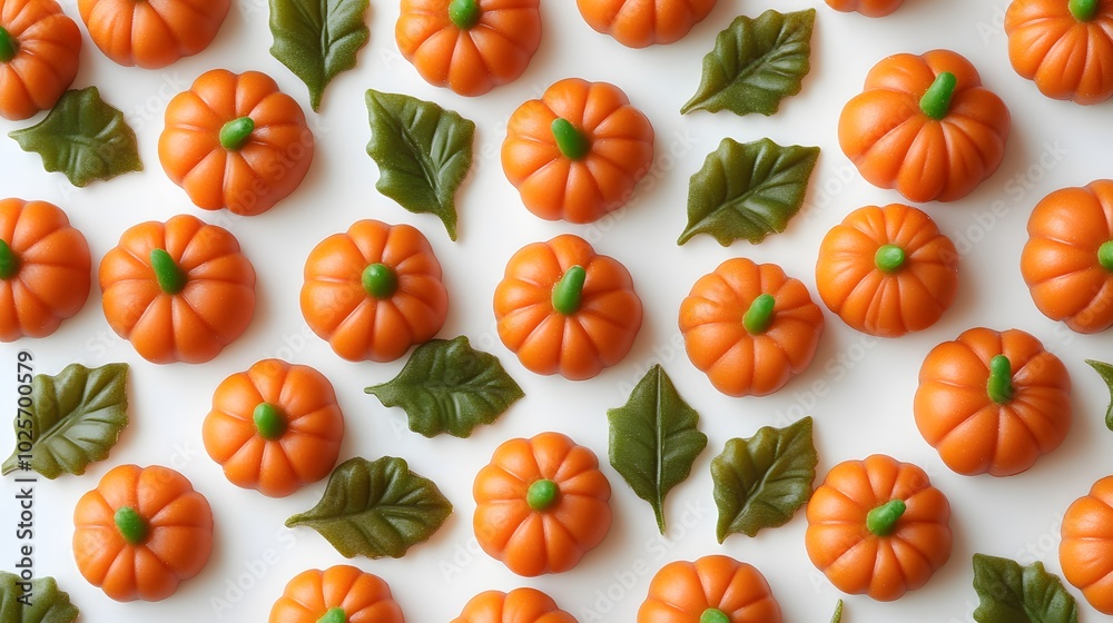 Miniature pumpkin-shaped candies arranged to resemble a pumpkin patch Miniature pumpkin-shaped candies arranged to resemble a pumpkin patch