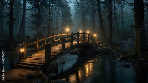 Misty Troll Bridge Over a Haunted River – Eerie Forest Setting with Glowing Lights