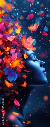 A serene profile of a woman surrounded by colorful petals and vibrant butterflies.