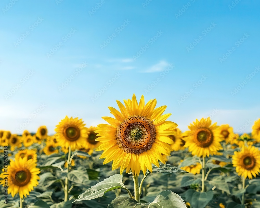 A vibrant sunflower standing tall amidst a beautiful field, under a clear blue sky. The bright yellow petals create a striking contrast against the lush green leaves. A vibrant sunflower standing tall amidst a beautiful field, under a clear blue sky. The bright yellow petals create a striking contrast against the lush green leaves.