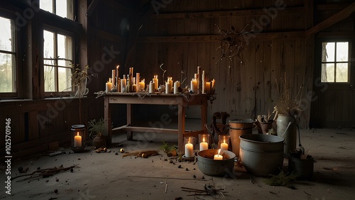 Witch's Altar in an Abandoned Barn – Spell Books, Herbs, and a Bubbling Cauldron photo