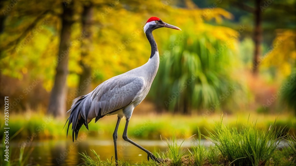 Obraz premium Majestic Crane in Natural Habitat with Graceful Posture and Vibrant Surroundings Captured in Detail