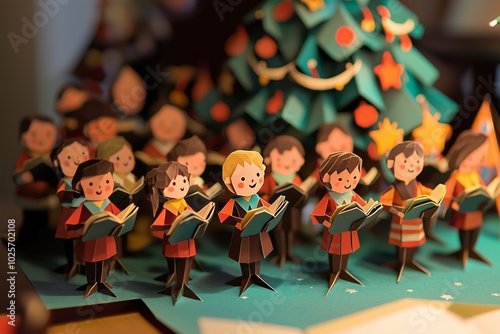 papercraft of Colorful paper figures joyfully singing around a decorated Christmas tree in a cozy indoor setting during the holiday season