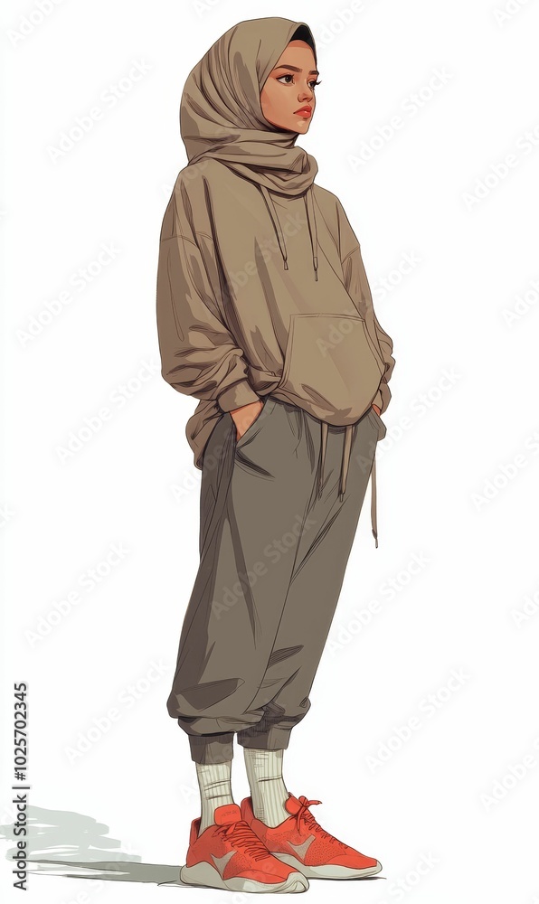 Woman wearing hijab, hoodie, and sneakers. Woman wearing hijab, hoodie, and sneakers.