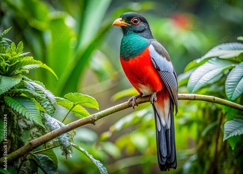 Obraz premium Majestic Cuban Trogon Perched on Branch Amid Lush Tropical Leaves in Vibrant Natural Habitat