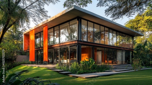 Modern house with large windows and vibrant orange accents.