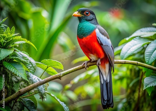Majestic Cuban Trogon Perched on Branch Amid Lush Tropical Leaves in Vibrant Natural Habitat