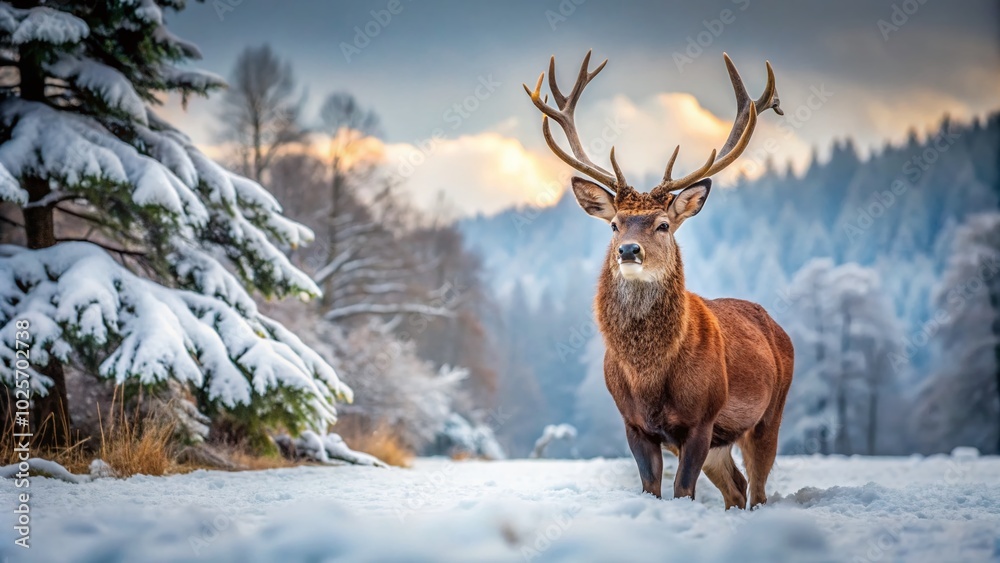 Majestic Deer in a Snowy Landscape: Winter Wildlife Photography Featuring Graceful Animals