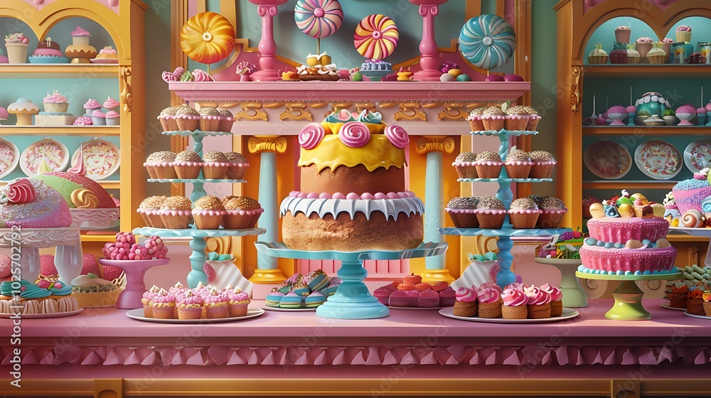 Naklejka premium Candy shop showcase with cakes and sweets