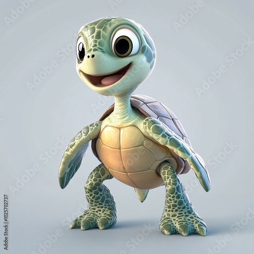 Happy Cartoon Turtle Standing Alone on a Plain Background photo