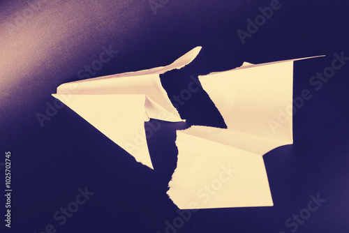 paper plane in the middle it is torn. concept of breakdown, accident, crash, does not work. close-up.