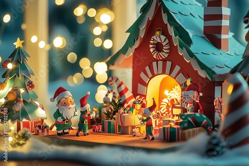 papercraft of Festive holiday scene featuring Santa, elves, and a cozy gingerbread house with colorful presents and twinkling lights