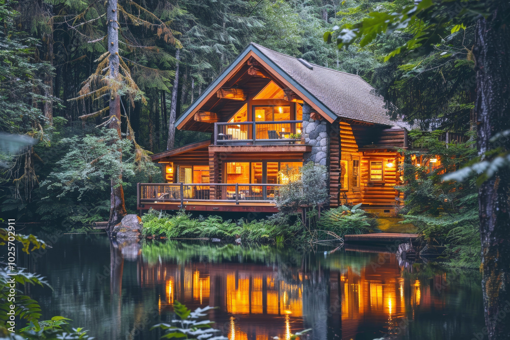 Obraz premium Cozy log cabin with warm lights reflecting in a tranquil forest lake at dusk