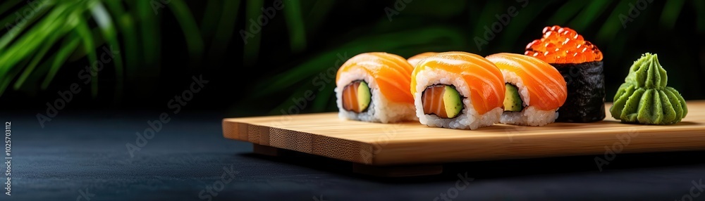 Delicious sushi platter featuring sushi rolls, wasabi, and ginger on a wooden board, surrounded by vivid greenery, perfect for a trendy dining experience. Delicious sushi platter featuring sushi rolls, wasabi, and ginger on a wooden board, surrounded by vivid greenery, perfect for a trendy dining experience.